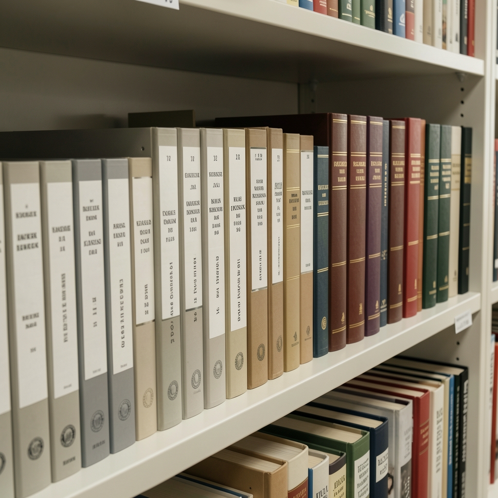 Reihen von geordneten Forschungsakten und gebundenen Zeitschriften auf einem hellen Archivregalboden, sachliche Nahaufnahme, neutrales Licht