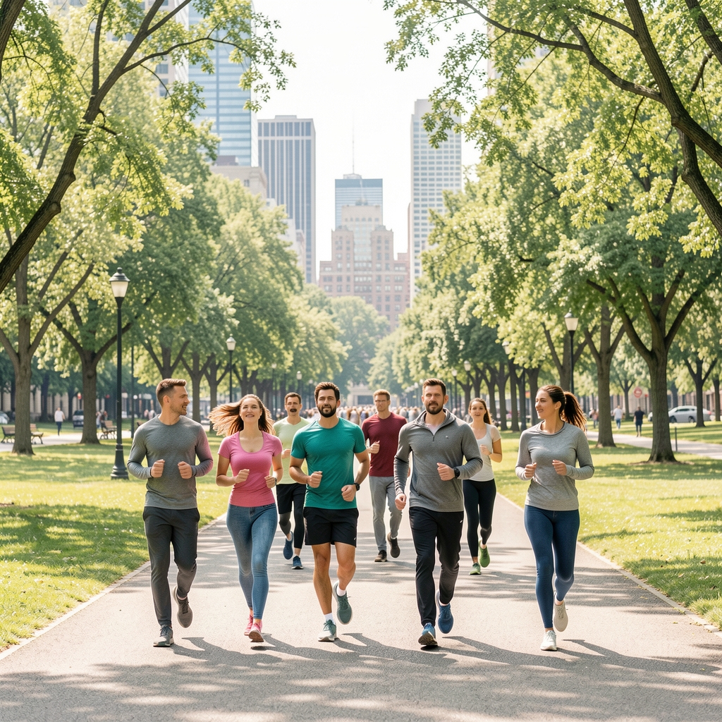 Menschen beim ruhigen Joggen in einem hellen Stadtpark am Morgen, Weitwinkelaufnahme, keine Gesichter erkennbar, dokumentarischer Stil