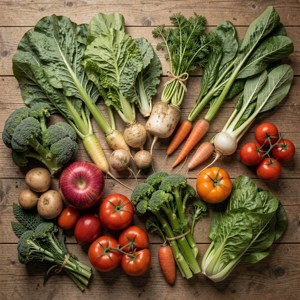 Draufsicht auf eine Holzoberfläche mit verschiedenen saisonal angeordneten Gemüsesorten und Früchten in natürlichen Erdtönen, dokumentarische Studioaufnahme