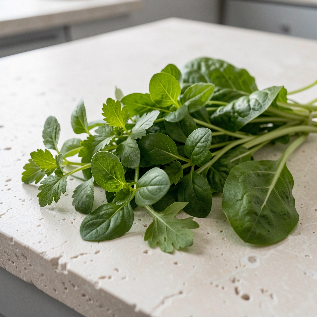 Makroaufnahme frischer grüner Kräuter und Gemüseblätter auf einem hellen, strukturierten Labortisch aus Stein, dokumentarische Beleuchtung