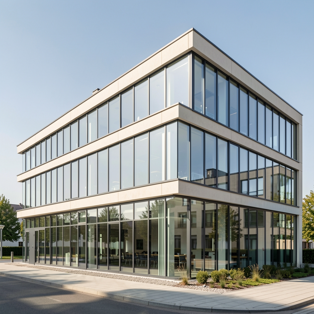 Helles modernes Bürogebäude mit großen Fensterfronten von außen fotografiert, klares Tageslicht, sachliche Architektur, keine Menschen erkennbar
